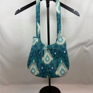 Boho Ikat Fabric Tote Bag Teal Blue Artisan Style Shoulder Bag